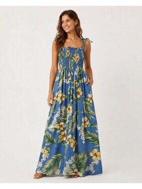 Two Palms Floral Sun Dress W/Smocked Bodice & Adjustable Straps  Blue/Yellow OS